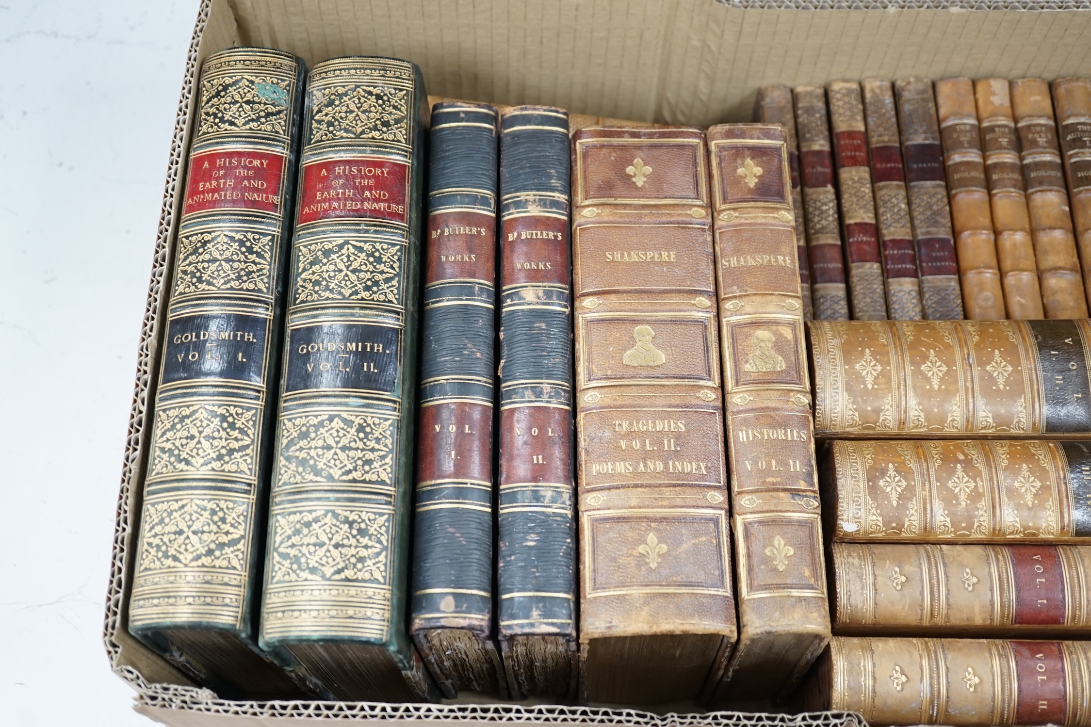 Goldsmith, Oliver - A History of Earth and Animated Nature ... 2 vols. engraved pictorial and printed titles, hand decorated half calf and marbled boards, panelled spines, ge. roy.8vo. 1864; with some other leather bound